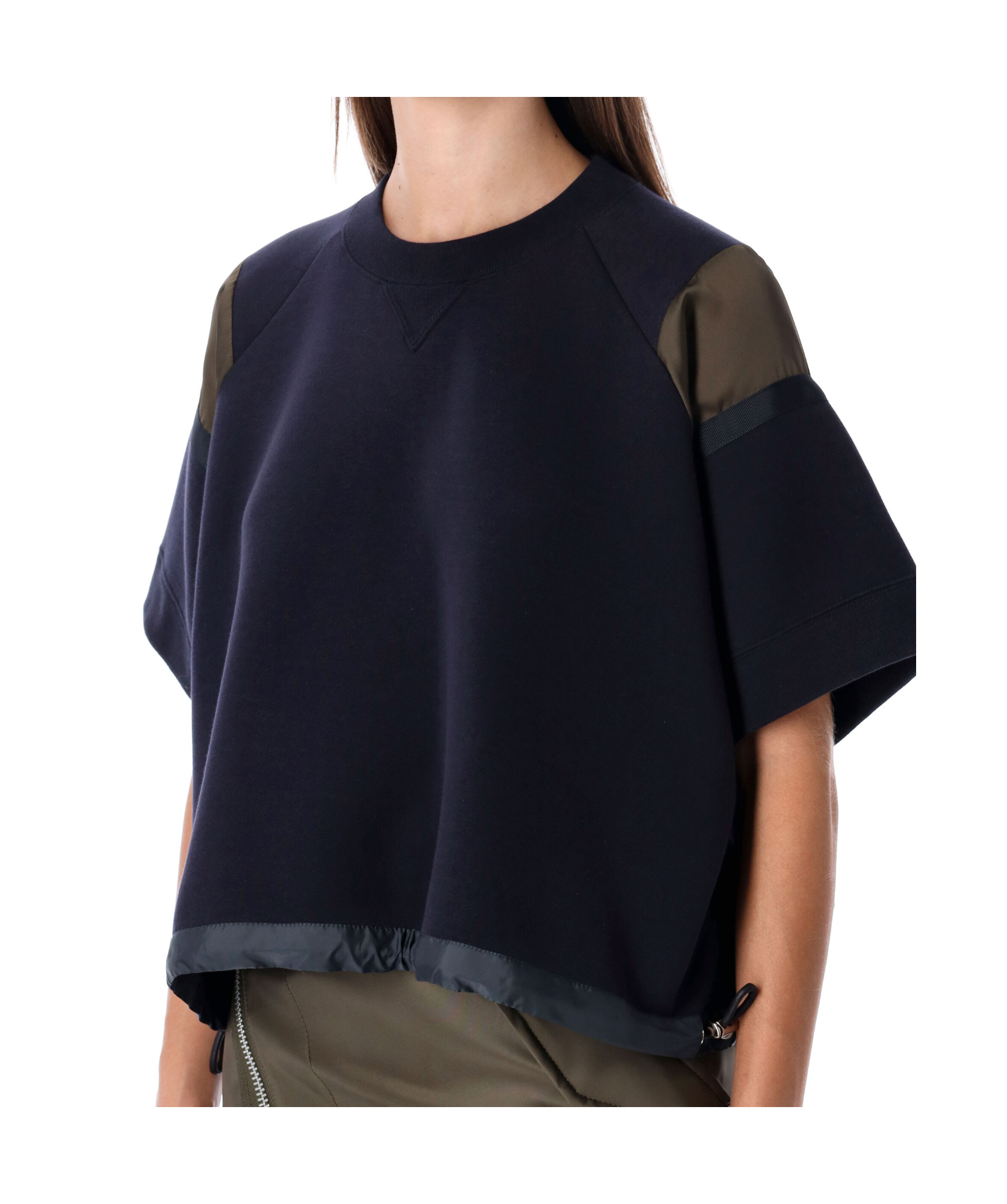 Sacai Oversized Technical Cotton T-shirt With Adjustable Drawstring Hem In Blue
