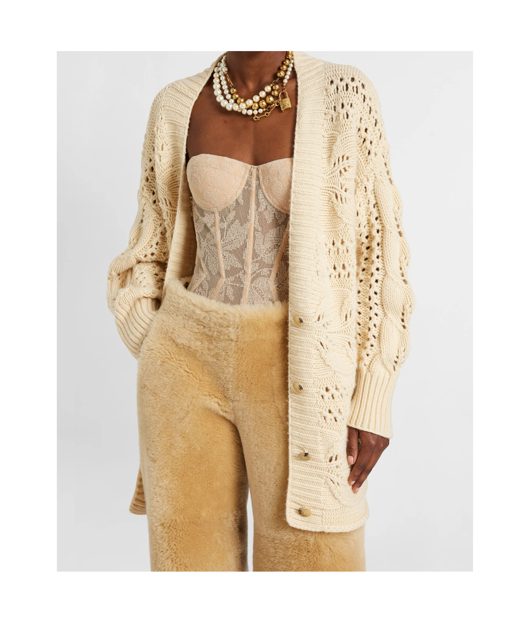 Ermanno Scervino Cashmere Cardigan With Leaf Stitch Knit In Brown