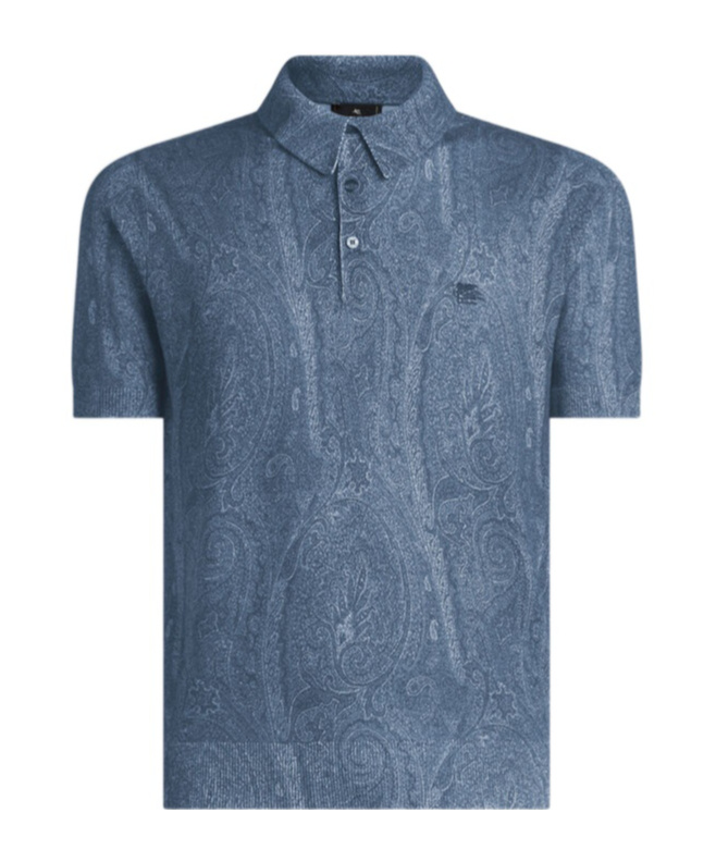 Etro , Knit Polo-shirt With Paisley Print, Man, Navy Blue, Size M In Blue