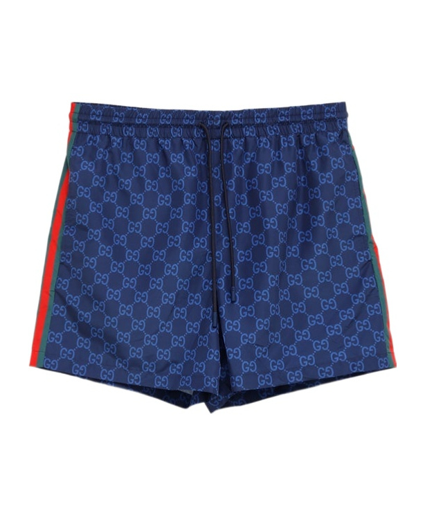 Gucci Men Nylon Swim Shorts With All-over Gg Motif In Blue