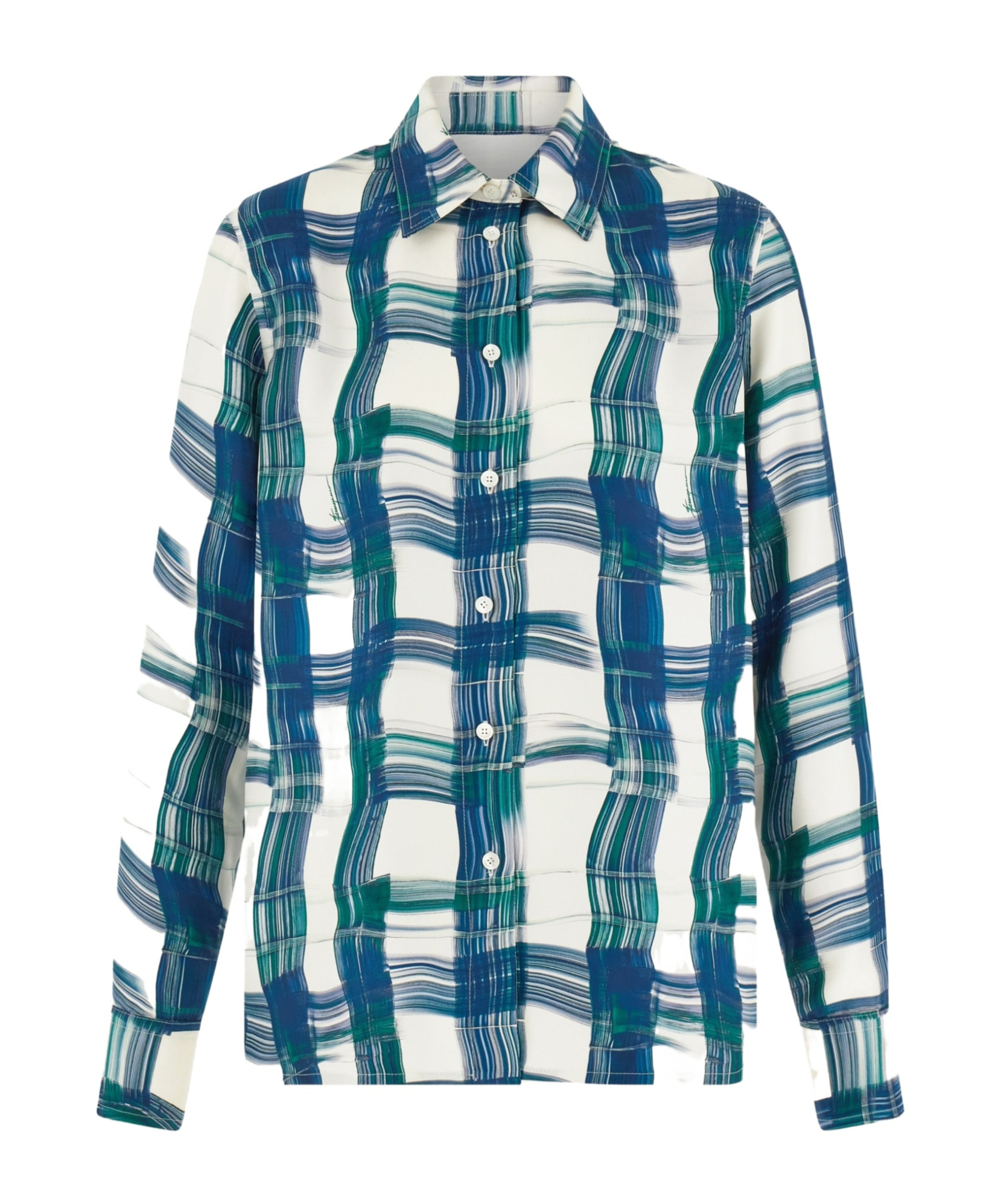 Ferragamo Brushstroke Check Button Down Silk Blouse In White