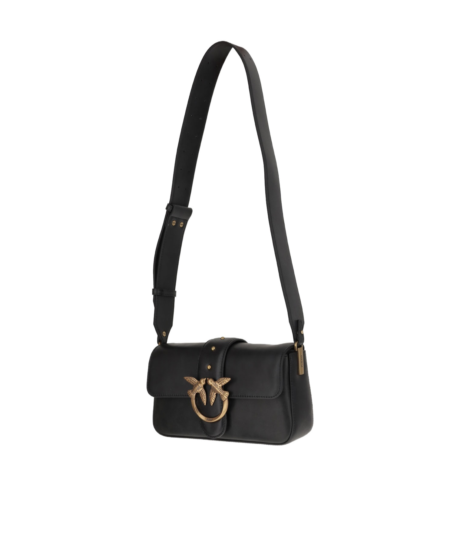 Pinko Love One Classic Black Crossbody Bag With Studded Strap And Love Birds Diamond Cut Plaque On The Fro