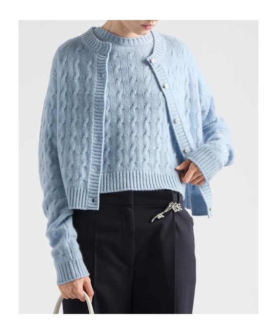 Prada Cable Knit Crew Neck Short Sleeve Sweater In Blue