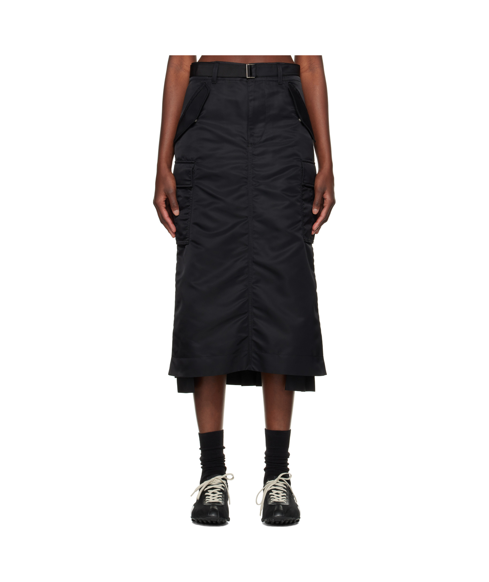 Sacai Black Nylon Twill Midi Skirt In Black