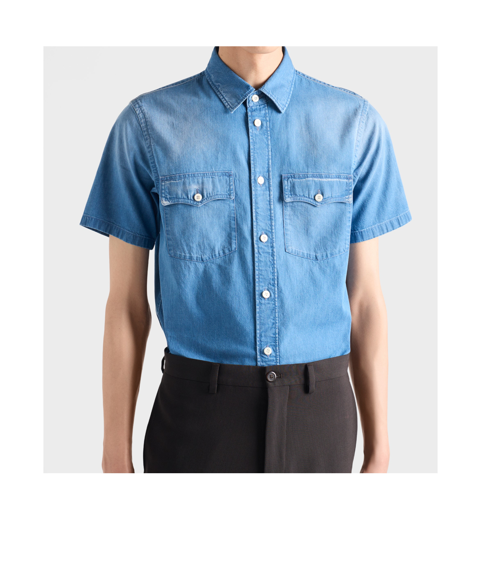 Prada Short-sleeved Light Denim Shirt In Blue