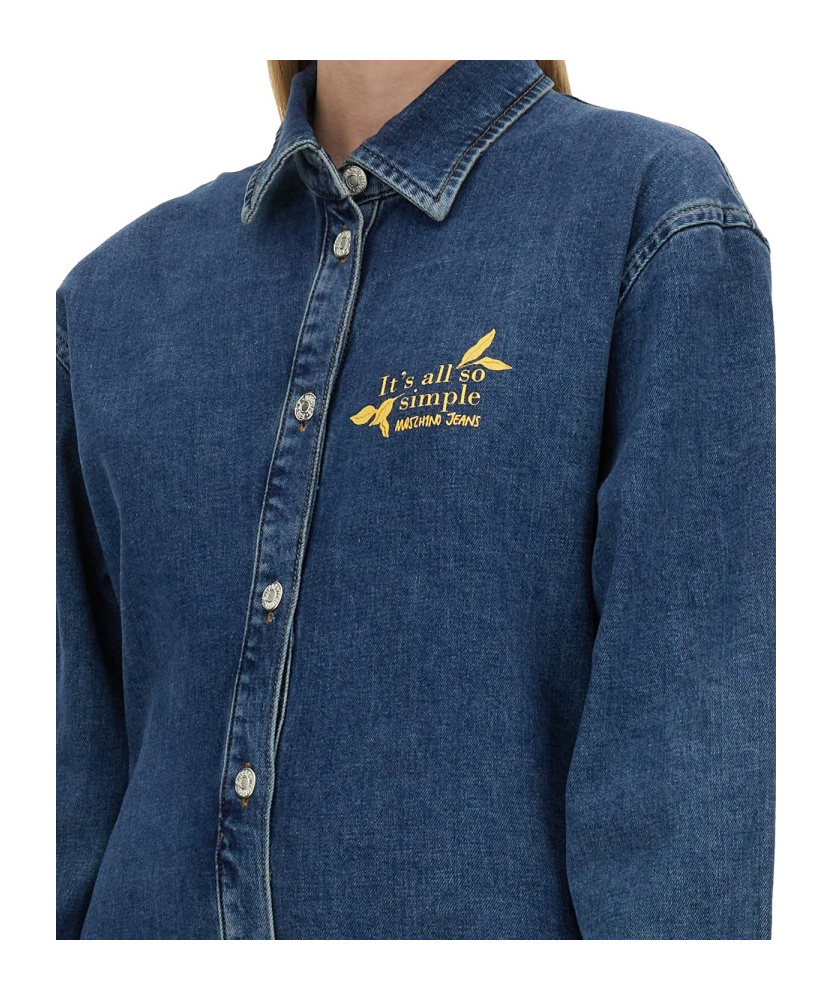 Moschino Denim Dress With Long Sleeves And Point Collar In Blue