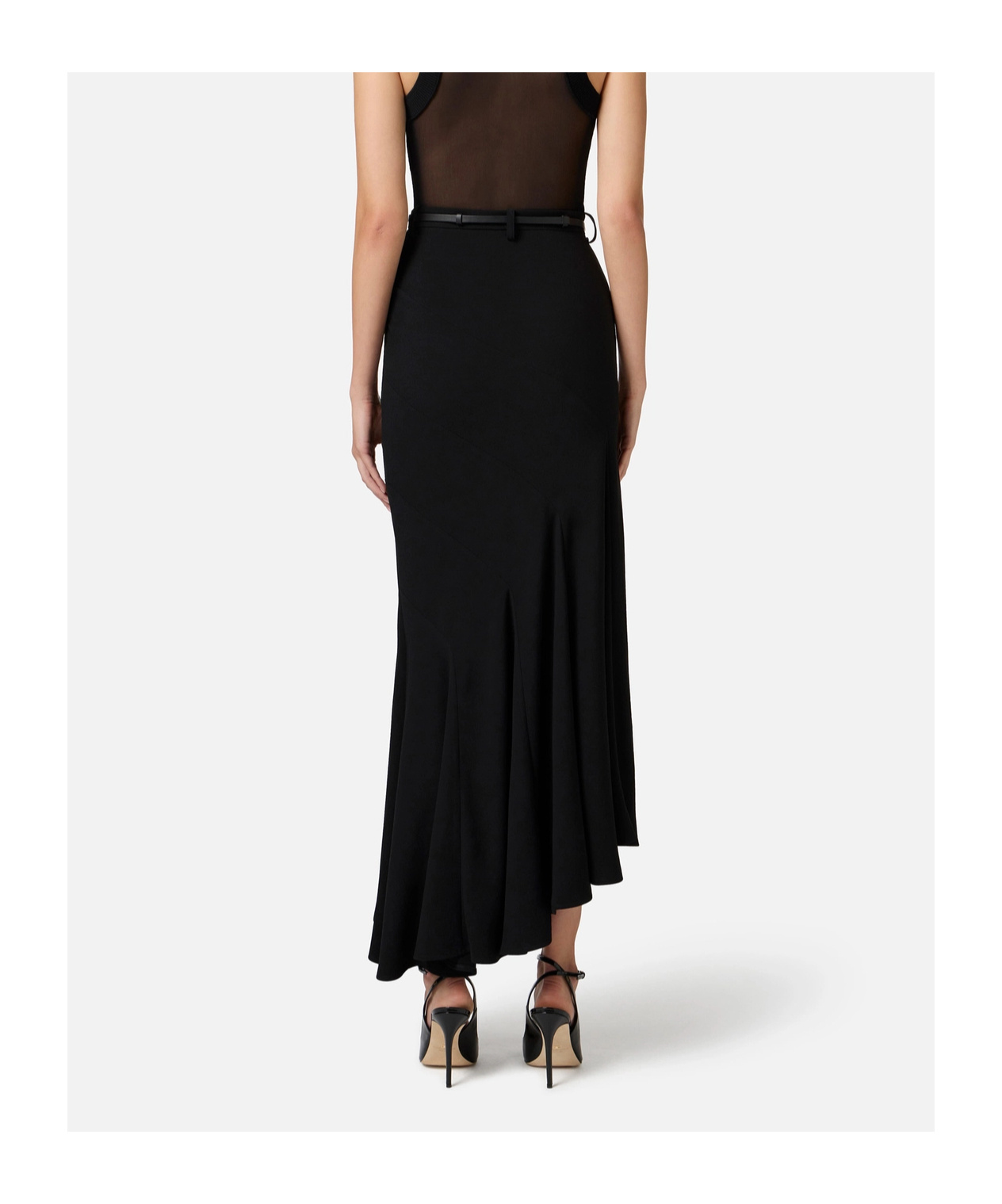 Elisabetta Franchi Asymmetric Skirt In Lightweight Crêpe Fabric With Belt In Black