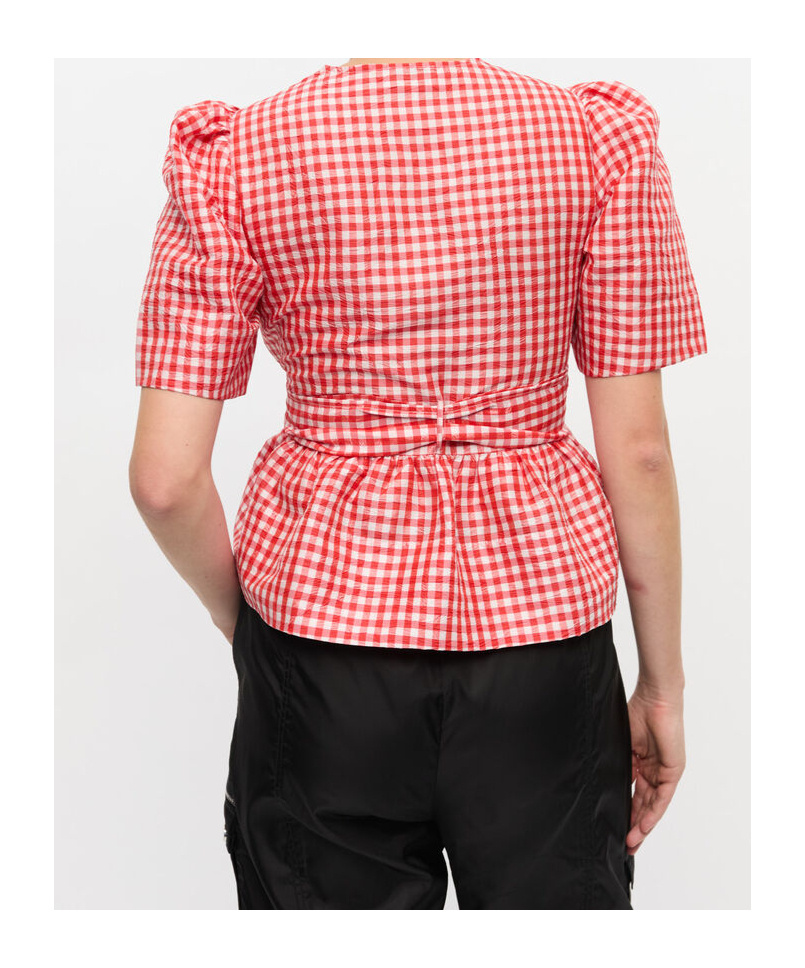 Ganni Red Crinkled Check Taffeta Blouse
