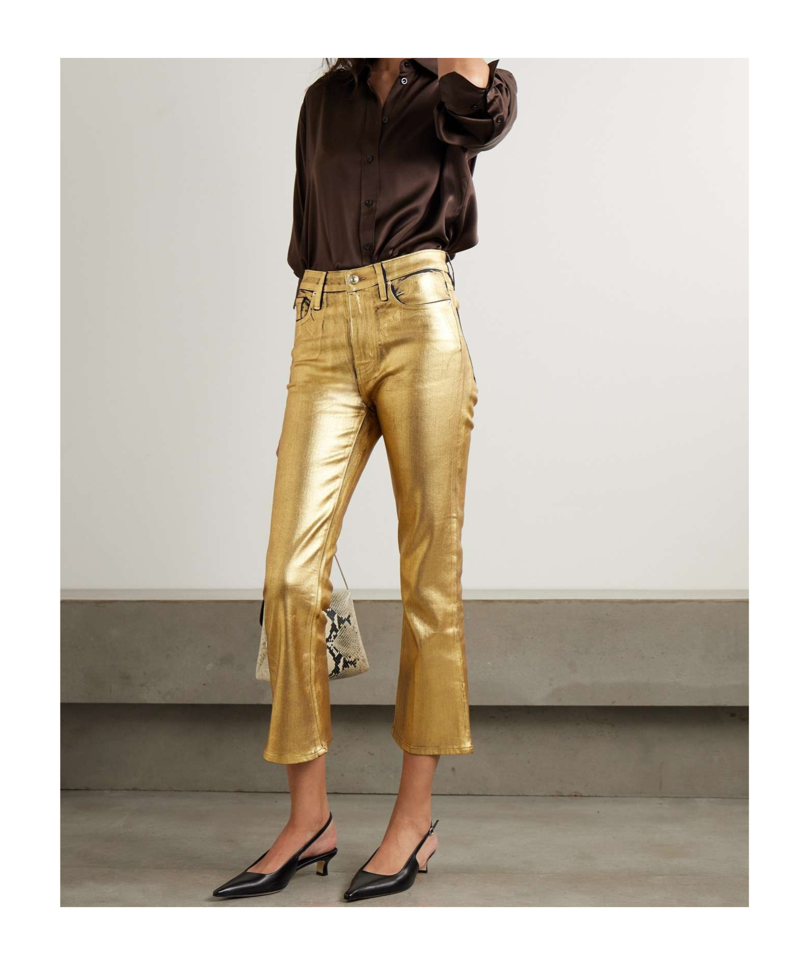Frame Metallic-coated High-waisted Track Pants In Yellow