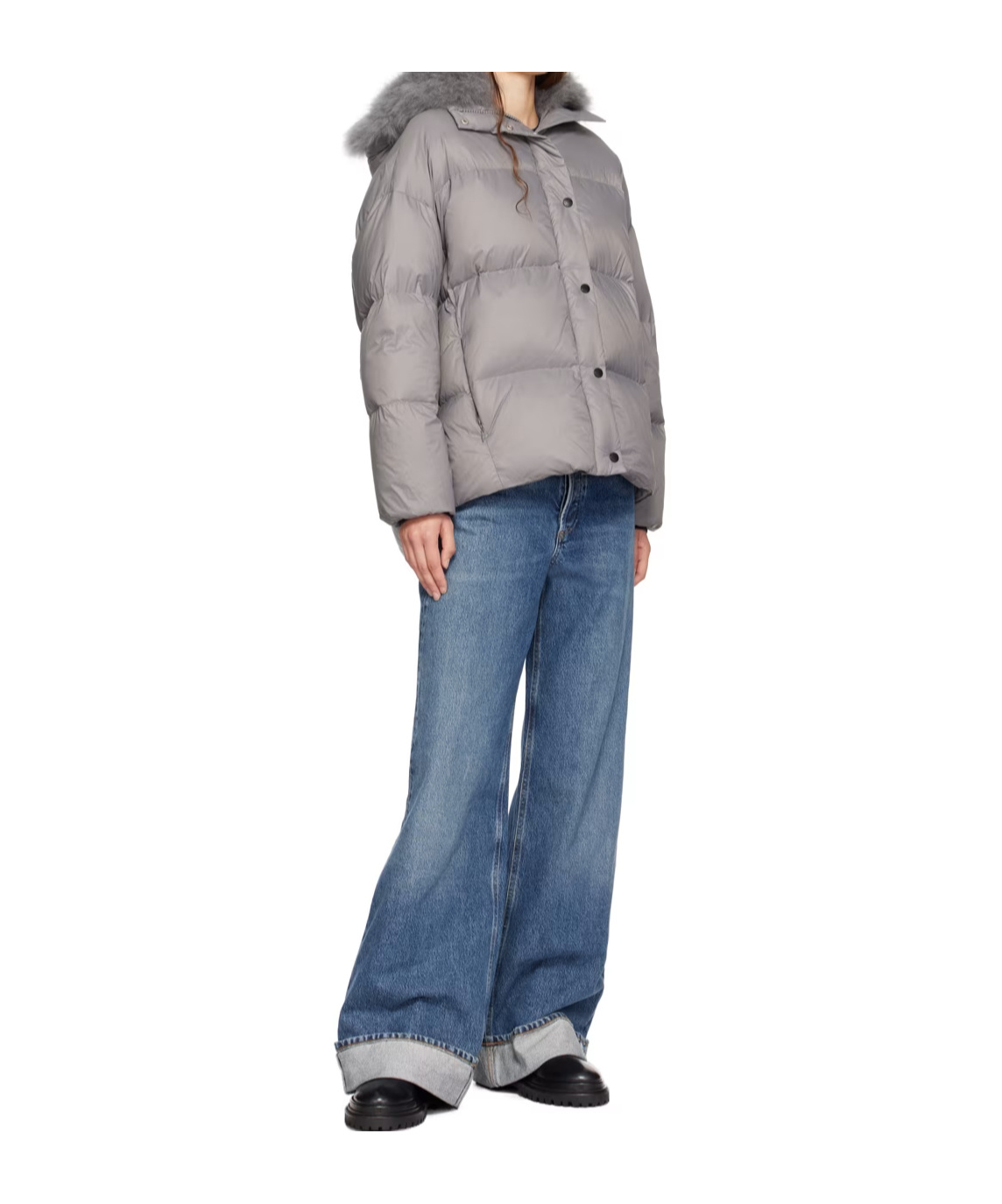 Yves Salomon Gray Hooded Down Jacket In Gray