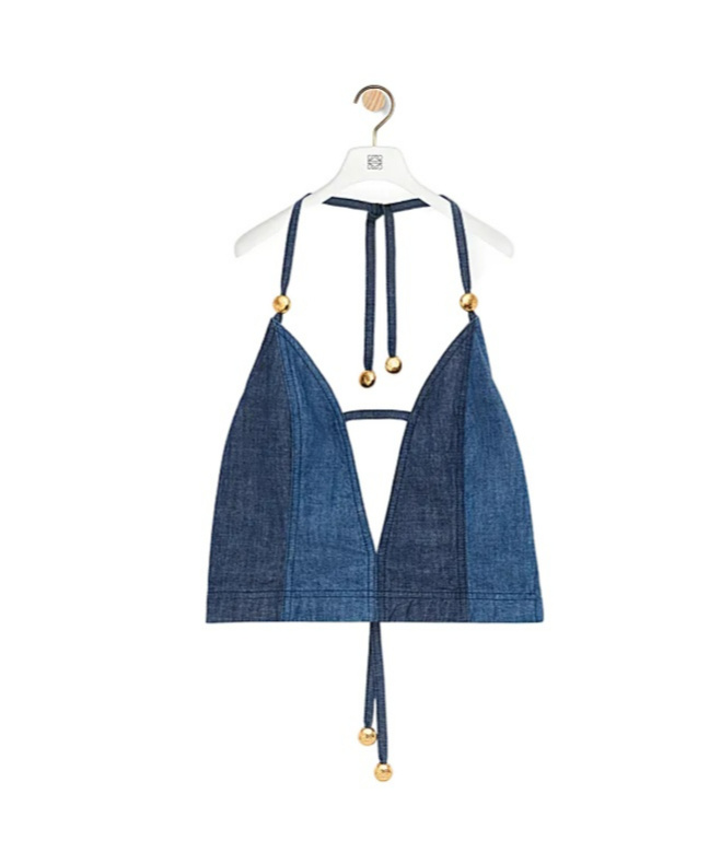 Loewe X Paula Ibiza Anagram-beaded Strappy Plunging Crop Top In Blue