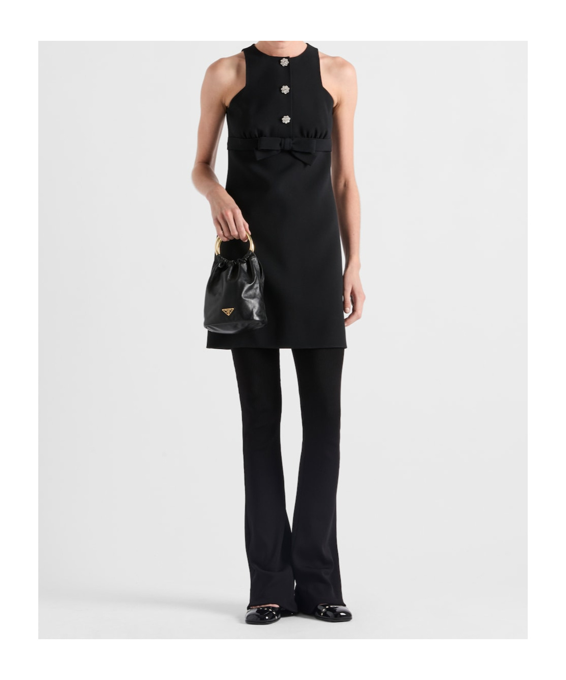 Prada Bow Jeweled Button Mini Dress In Black