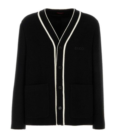 Gucci Wool Blend Cardigan With Contrast Trim And Front Pockets In Black