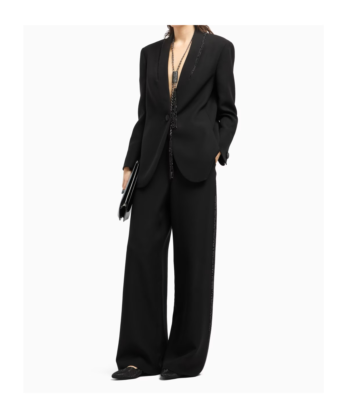 Giorgio Armani Wide-leg Silk Trousers With Rhinestone Details In Black