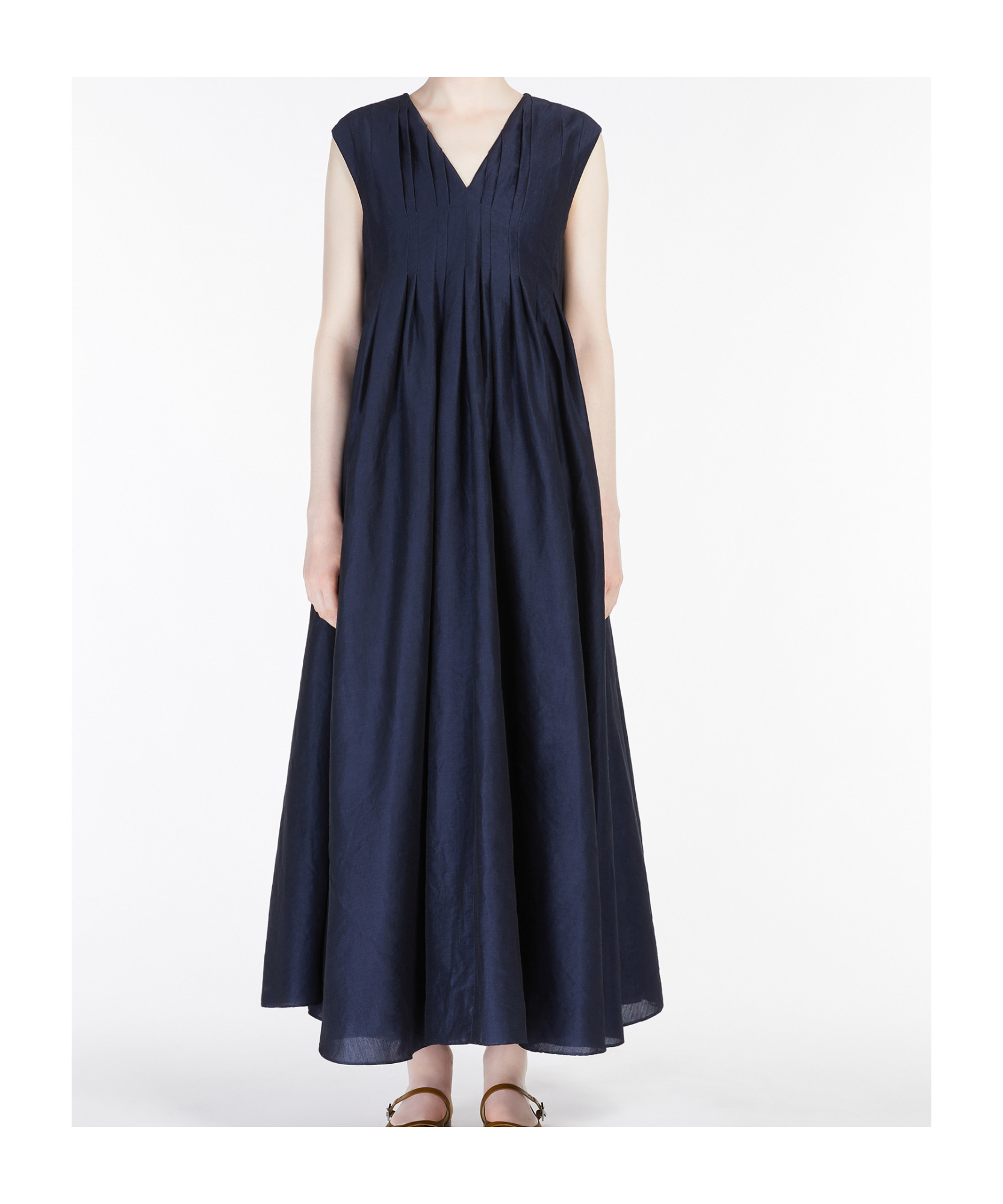 Max Mara Pleated Cotton And Ramie Dress In Navy