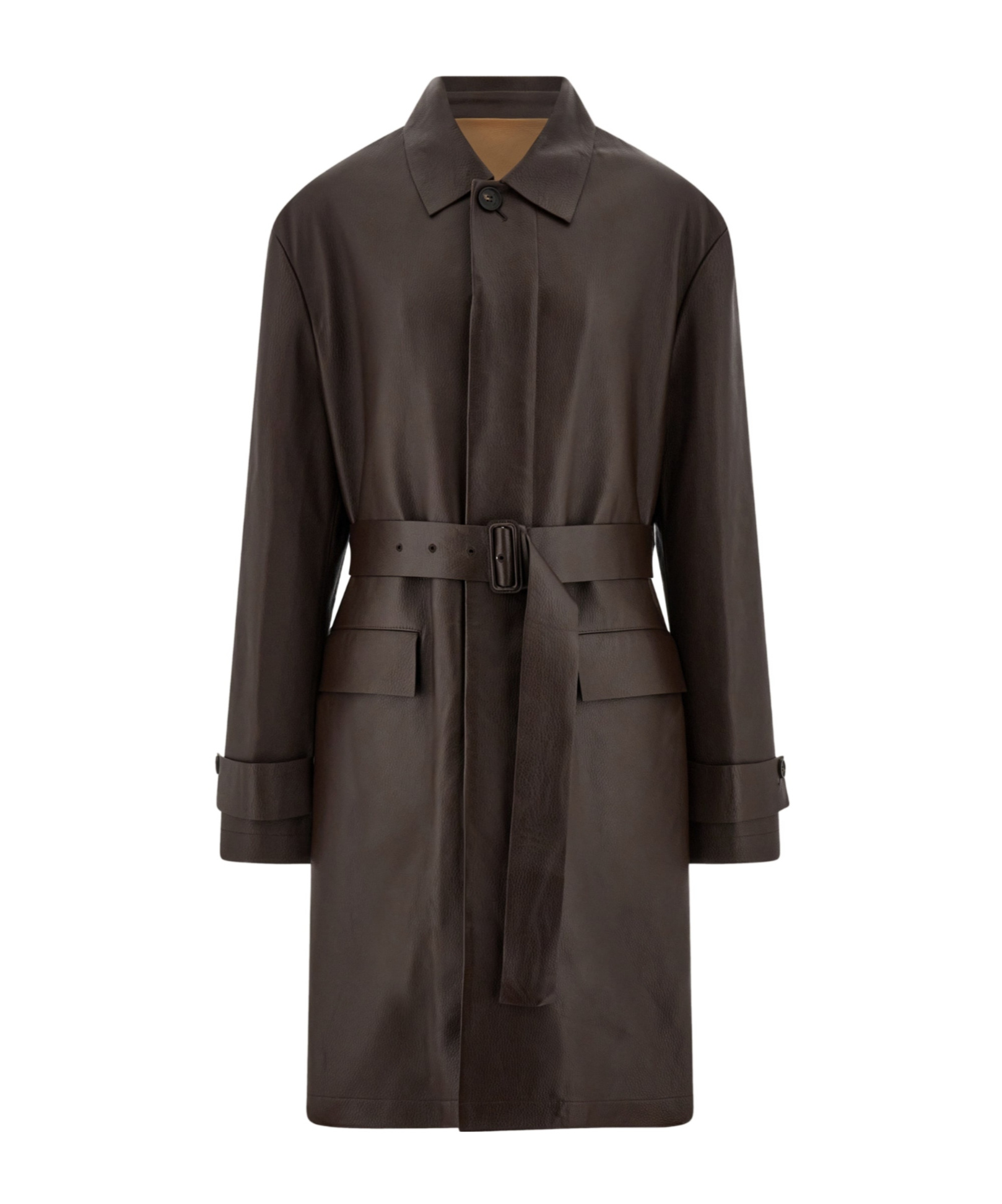 Ferragamo Long Leather Trench Coat With Belted Waist In Brown