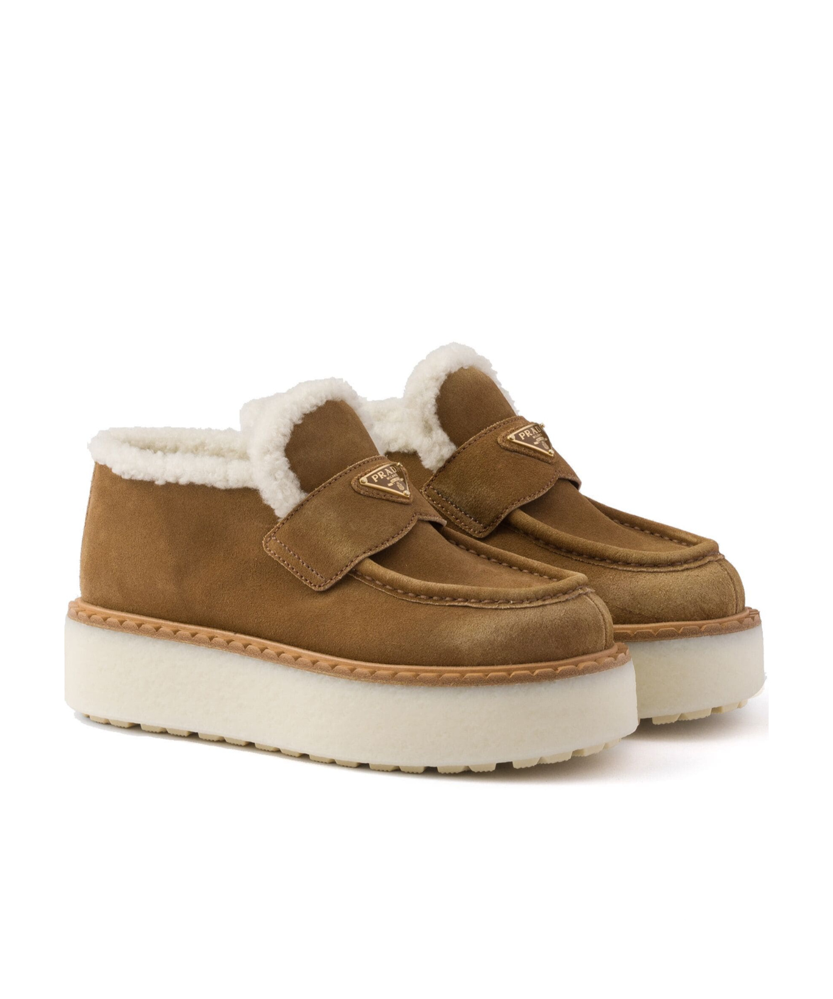 Prada Suede Shearling Flatform Loafers In Brown