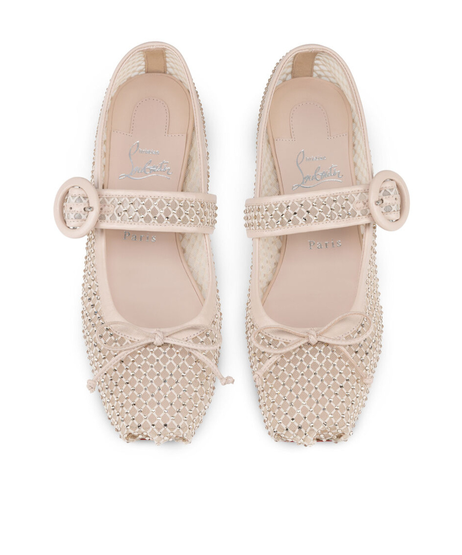 Christian Louboutin Mamastrapitna Crystal Embellished Mesh Flat In Nude