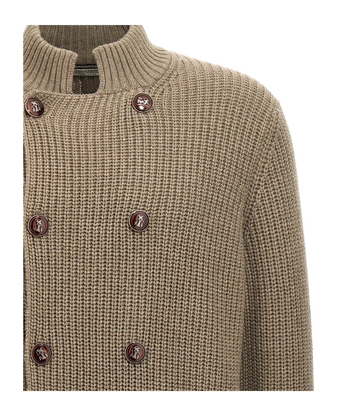 Brunello Cucinelli Olive Double-breasted Cardigan In Brown