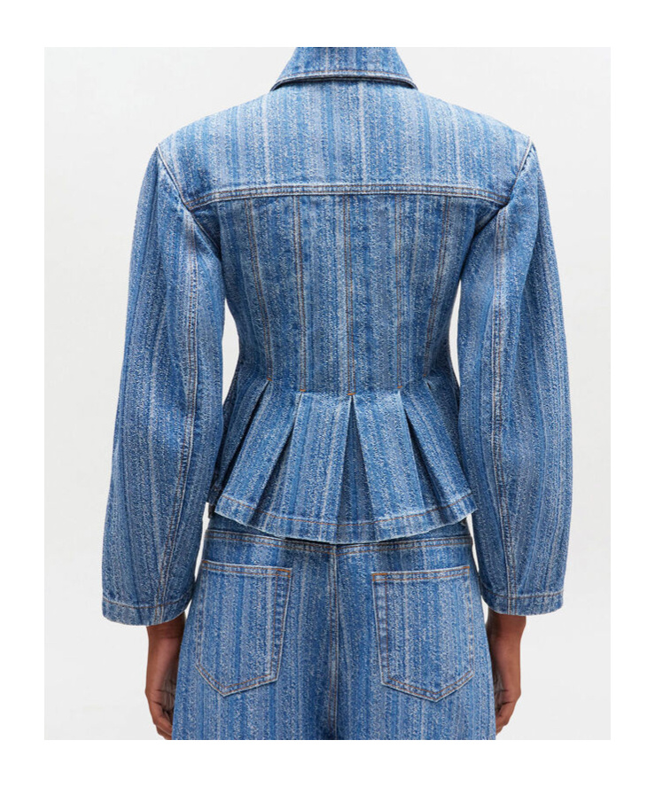 Ganni Striped Denim Pleated Jacket In Blue