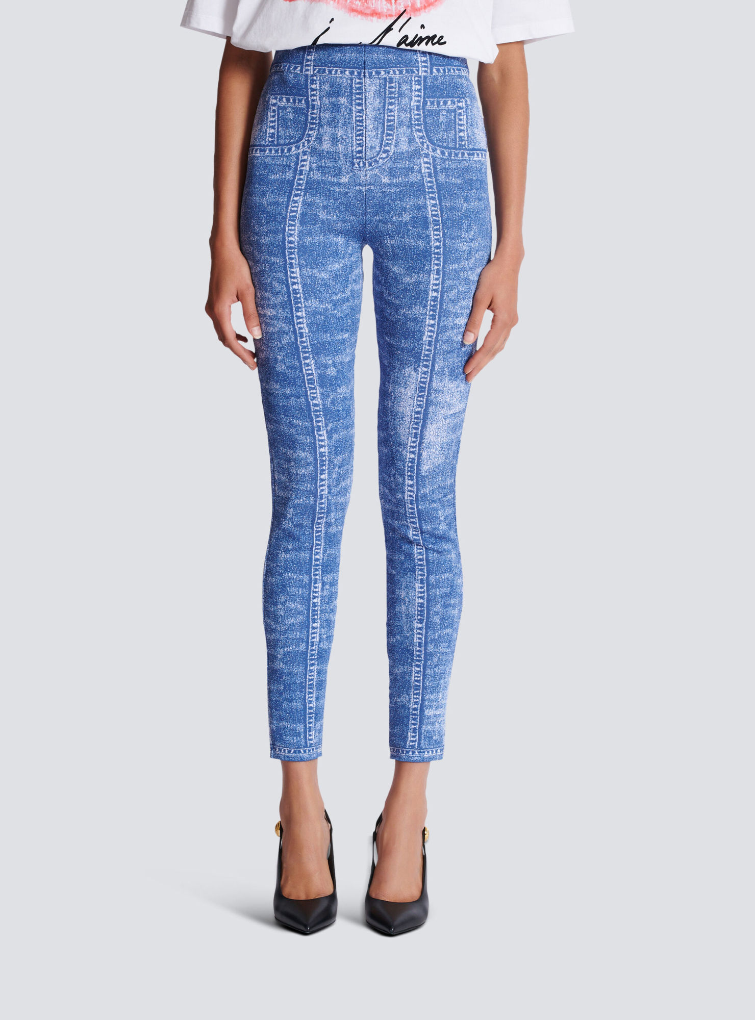 Shop Balmain Jacquard Knit Leggings With Denim Effect In Blue