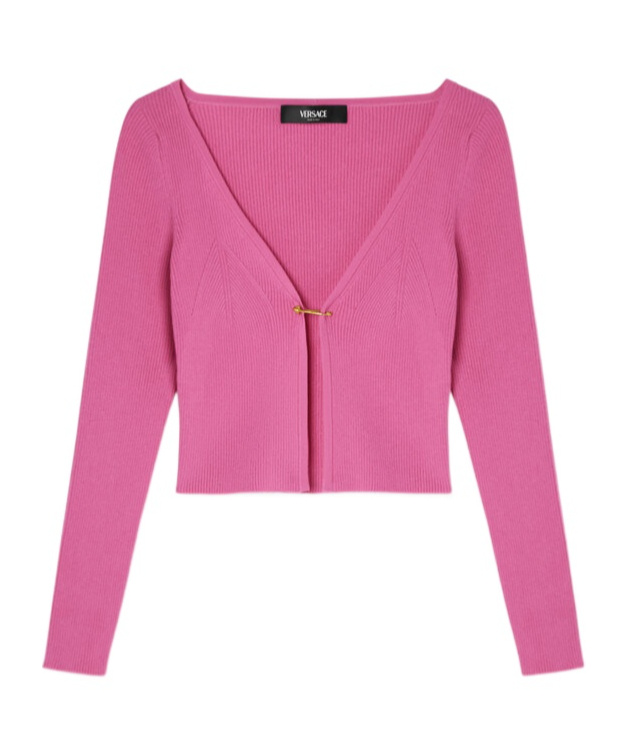 Versace Safety Pin Ribbed Knit Fitted Cardigan