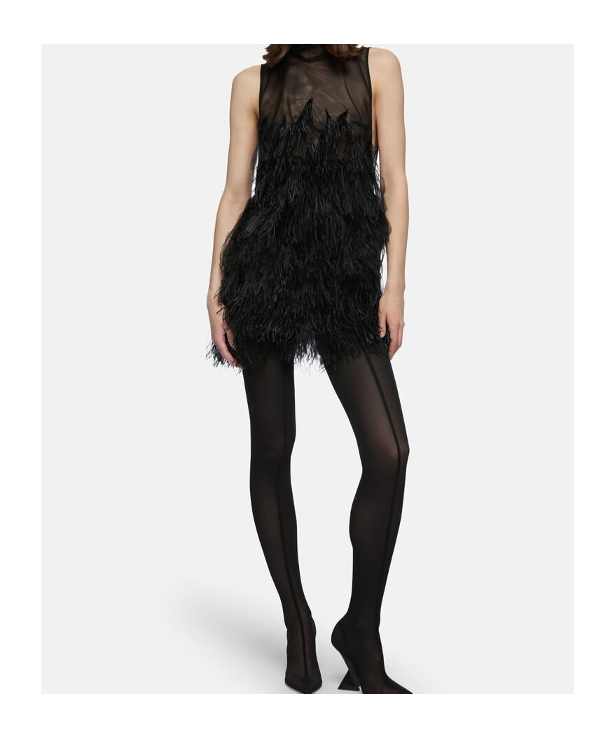 Attico Feather-embroidered Tulle Mini Dress In Black