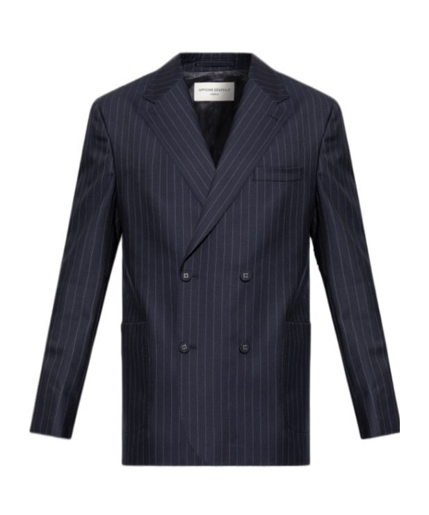 Officine Generale Kane Double-breasted Pinstriped Virgin Wool Blazer In Blue