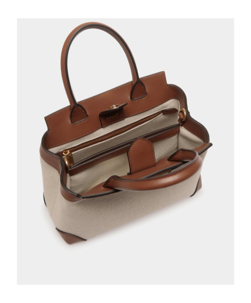Bally Deco Small Tote Bag In Beige Canvas And Brown Leather
