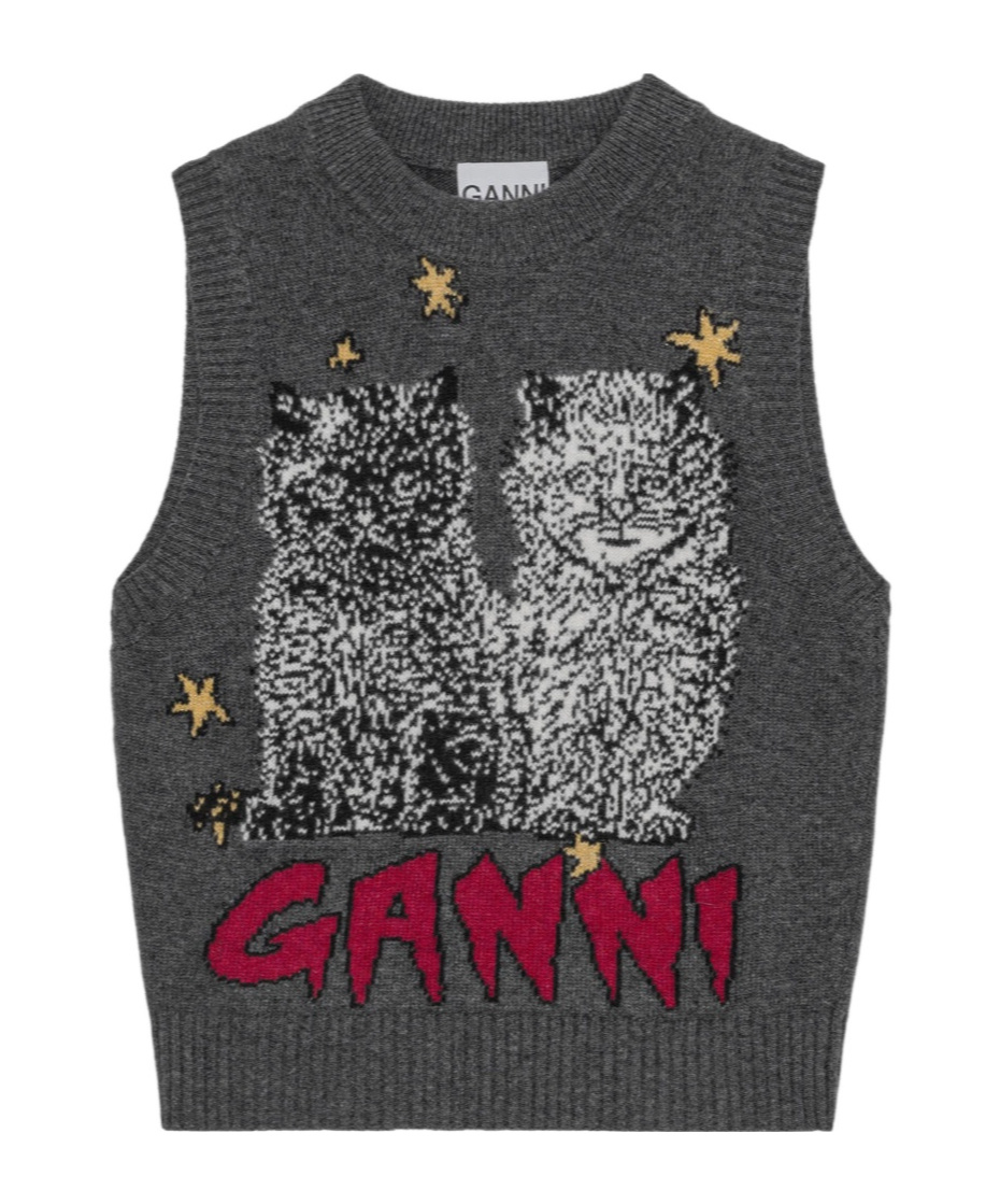 Ganni Logo Intarsia Wool-blend Sweater Vest In Black