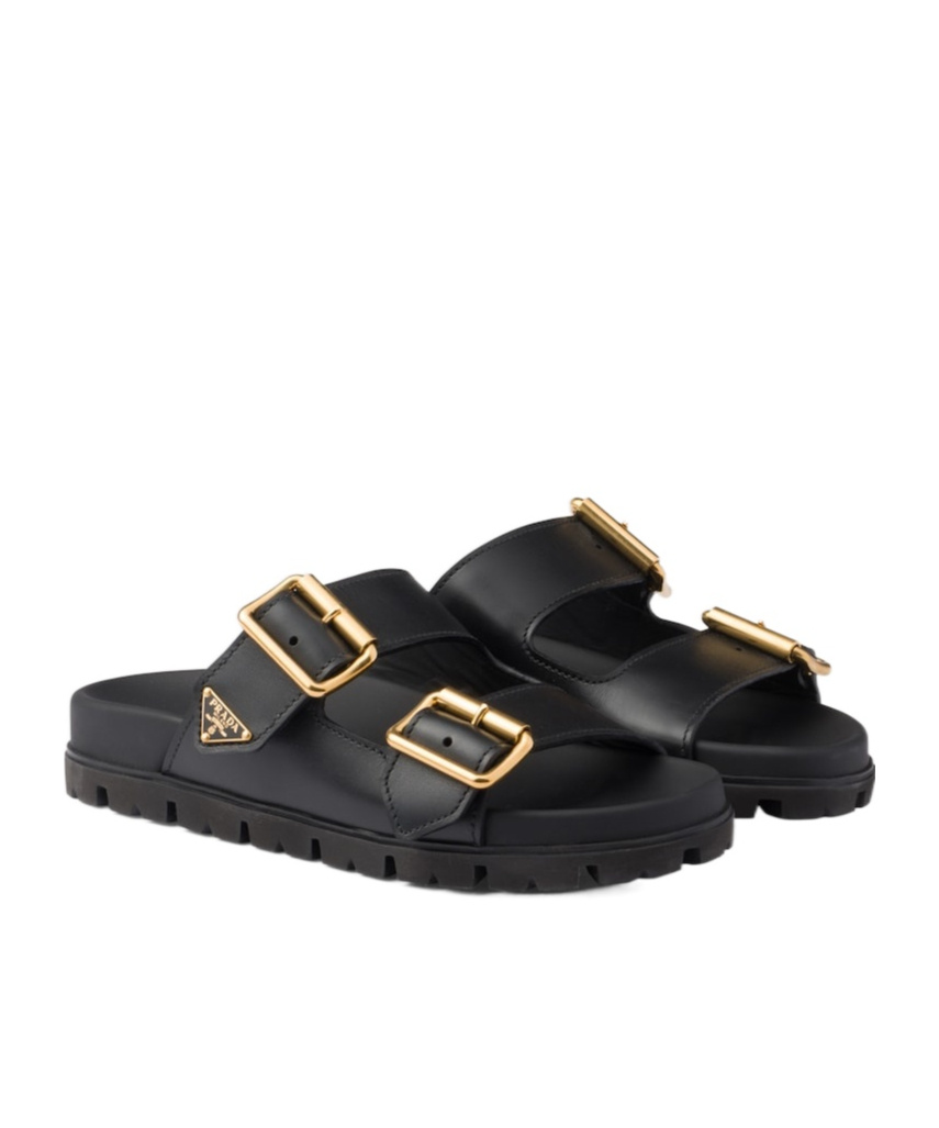 Prada Leather Slides Gold-tone Hardware Accents In Black