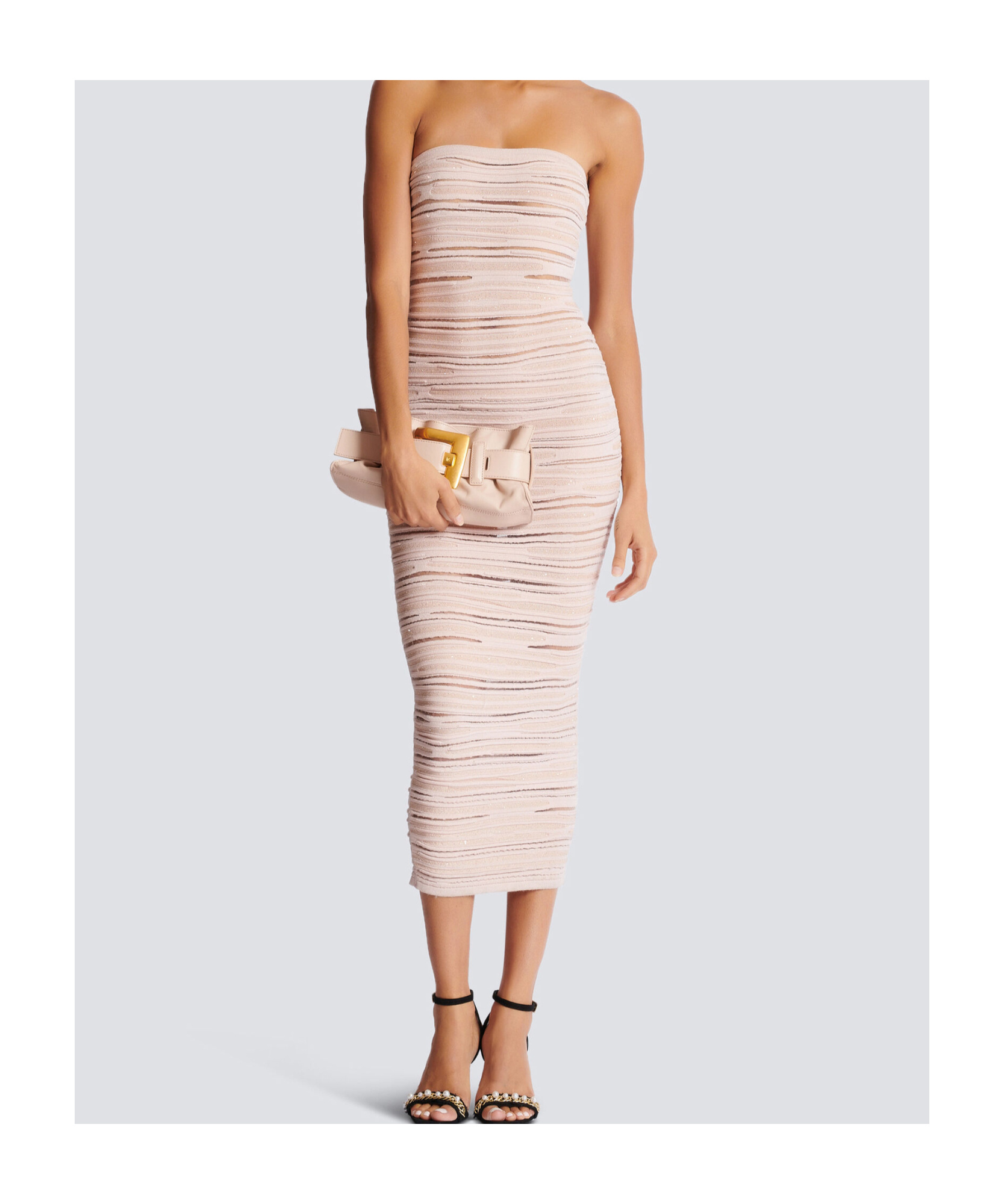 Balmain Strapless Sequin-embellished Open-knit Midi Dress In Nude