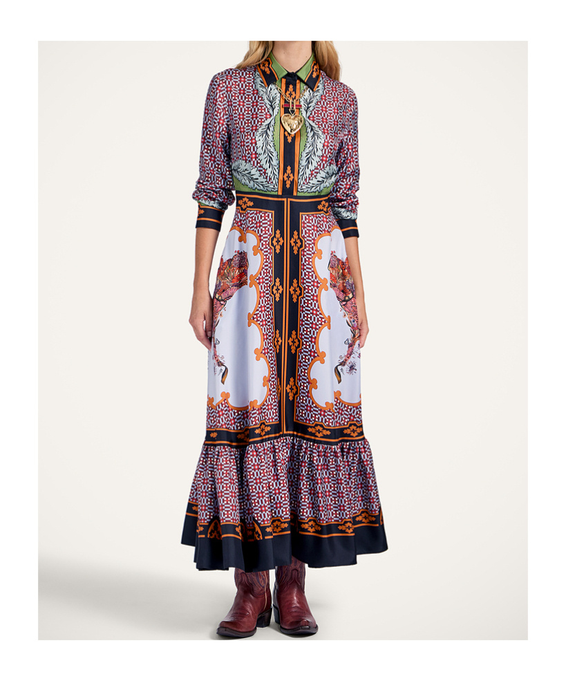La Doublej Long-sleeved Patterned Silk Midi Day Dress In Pink