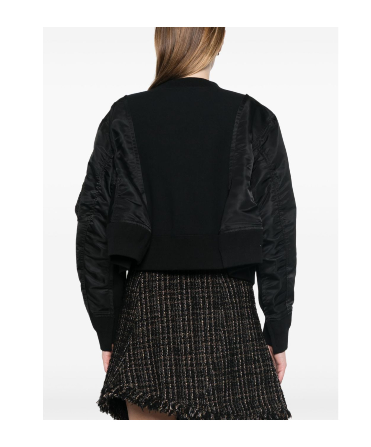 Sacai Crewneck Sweater With Satin Panels And Zip Pocket In Black