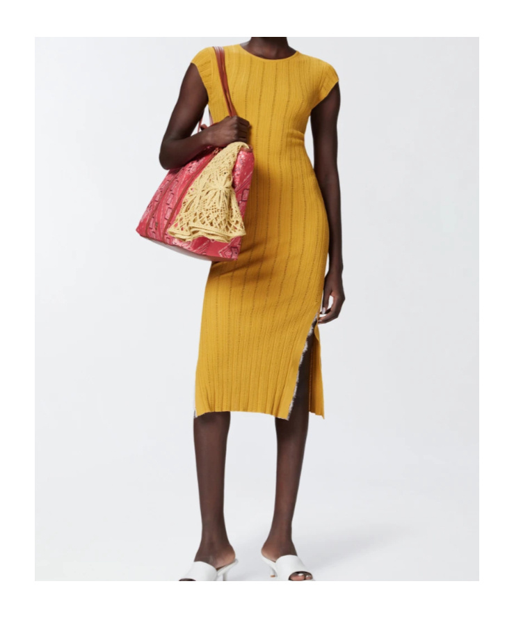 Pinko Knit Midi Dress With Openwork In Yellow