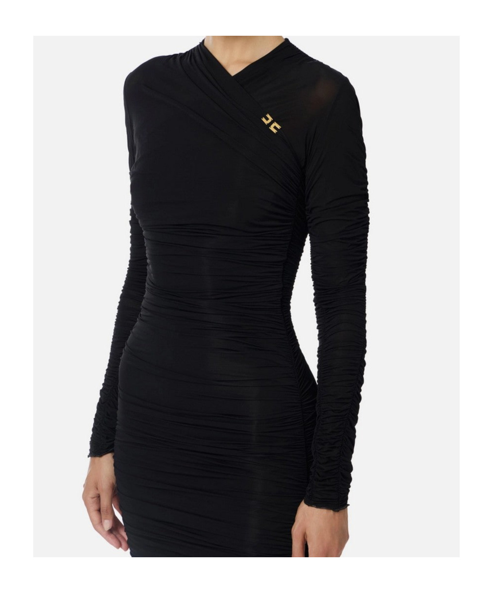 Elisabetta Franchi Long Sleeve Midi Dress With Sheer Fabric In Black