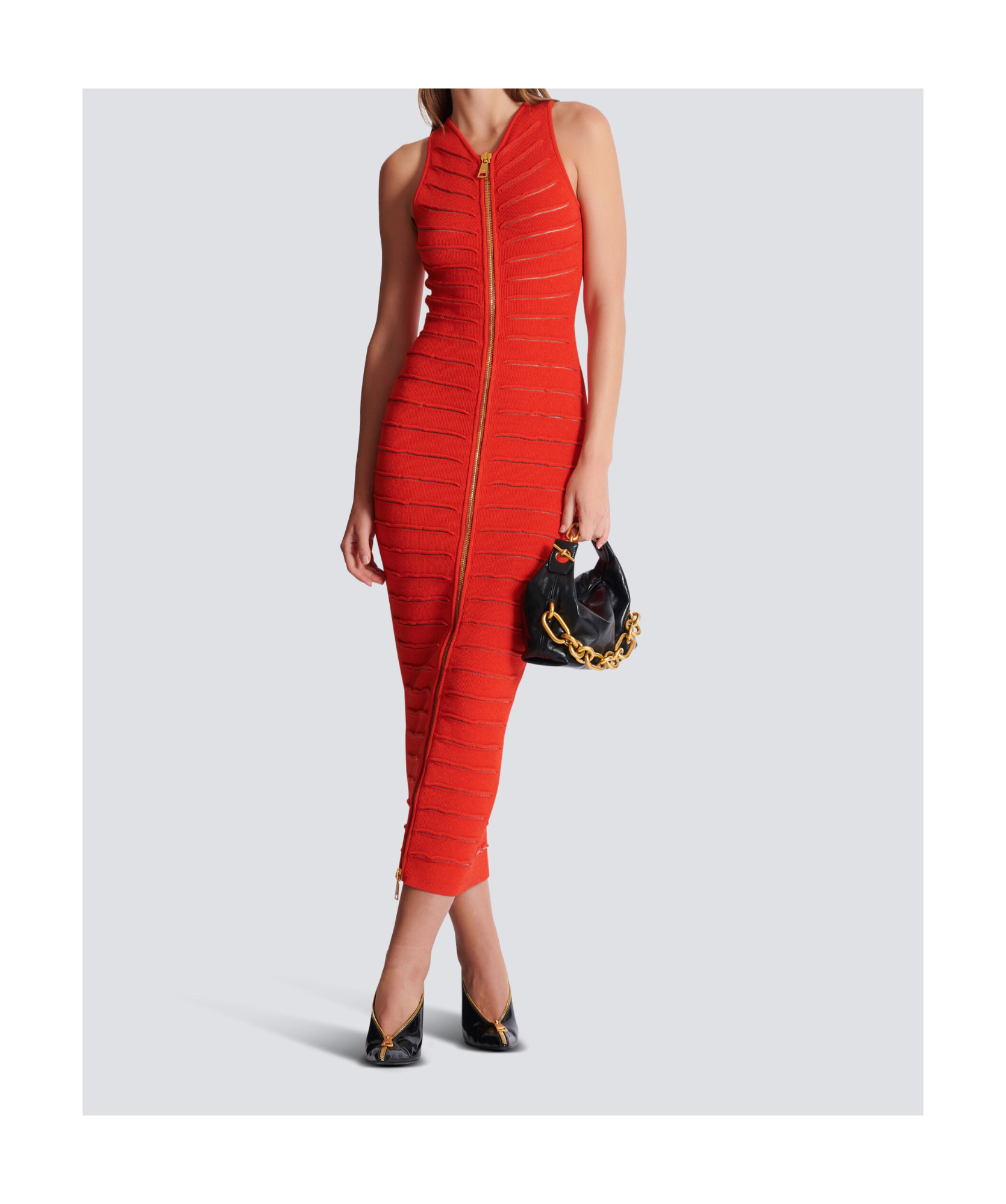 Balmain Long Sleeveless Dress In Crocodile Knit In Red