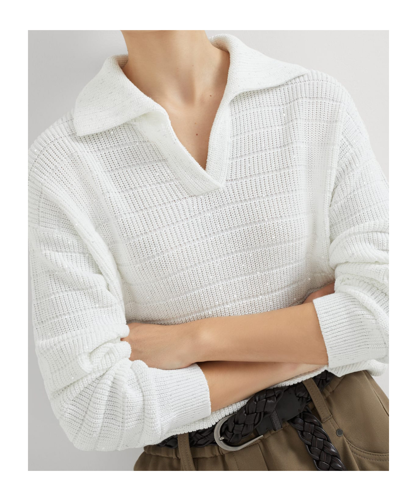 Brunello Cucinelli Lapel Long Sleeve Sweater In White