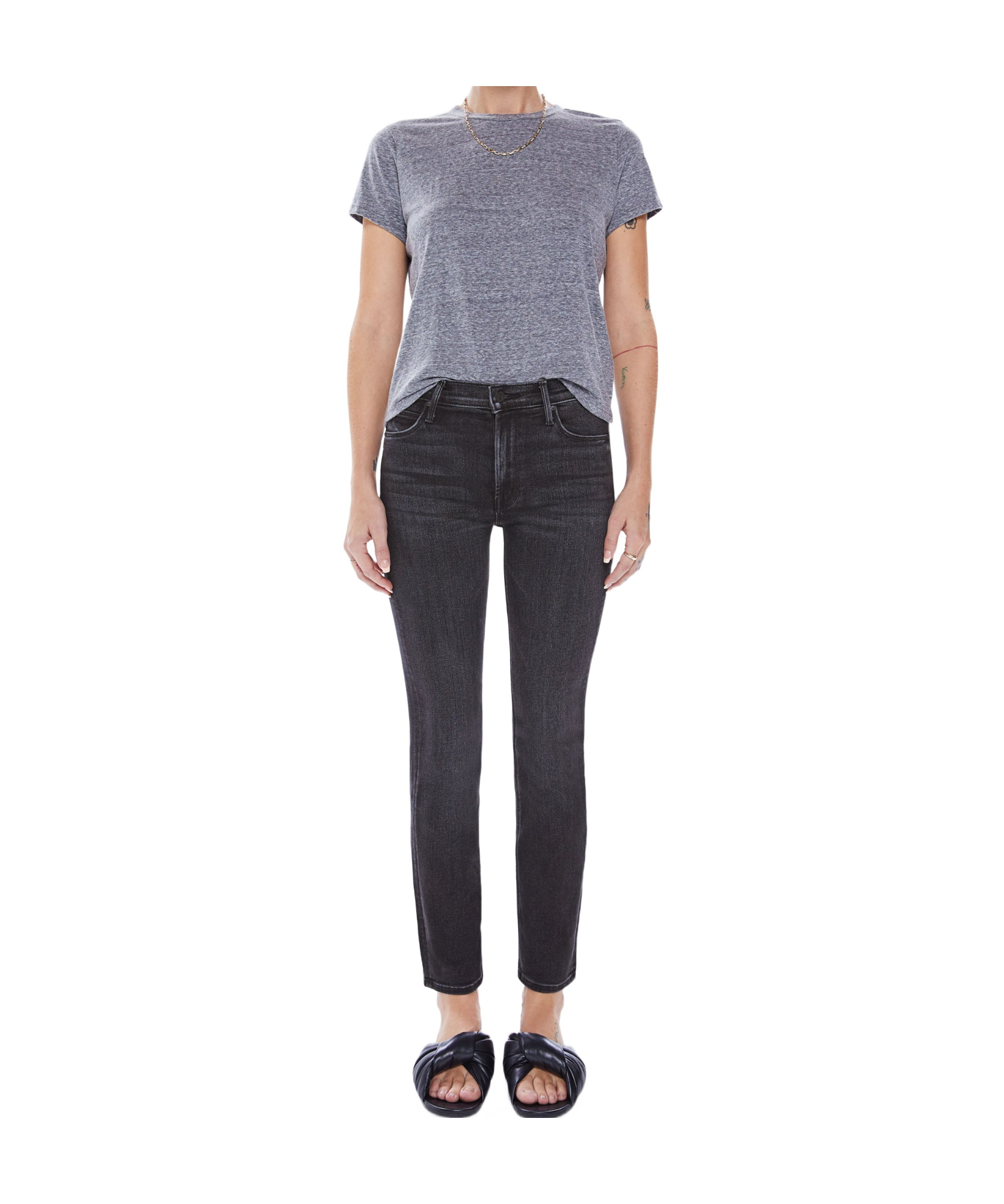 Mother Straight-leg Cropped Skinny Jeans In Washed Dark Black