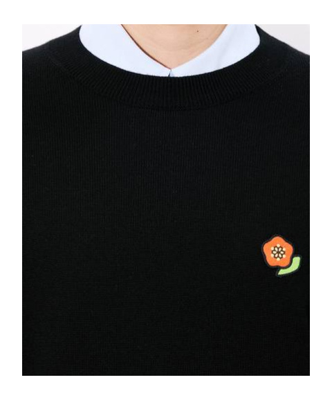 Kenzo Black Sweatshirt In Light Fllece With Broke Flower Embroidery To The Chest  Man In Black