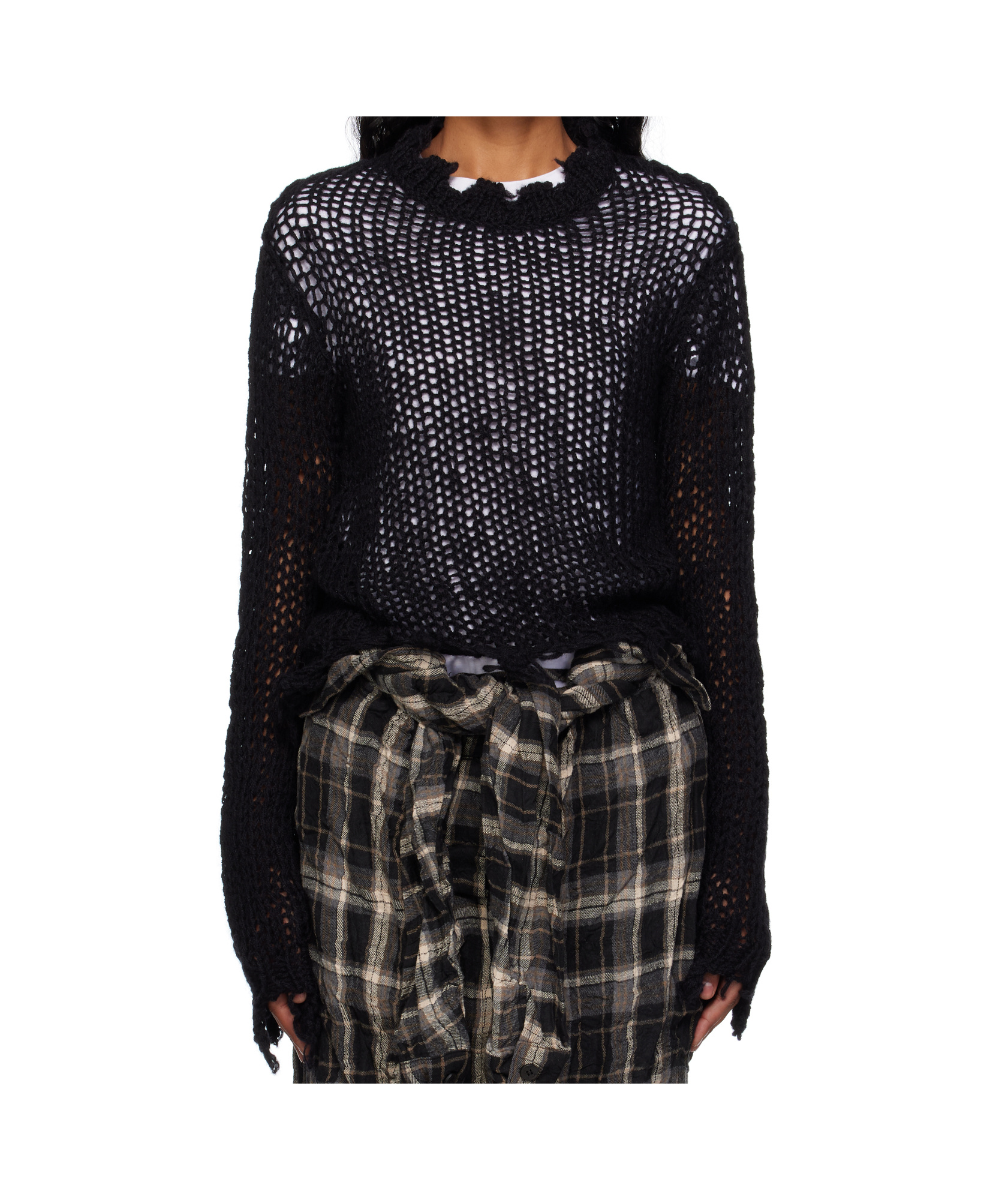 Open Yy Distressed Cropped Knitted Sweater In Black