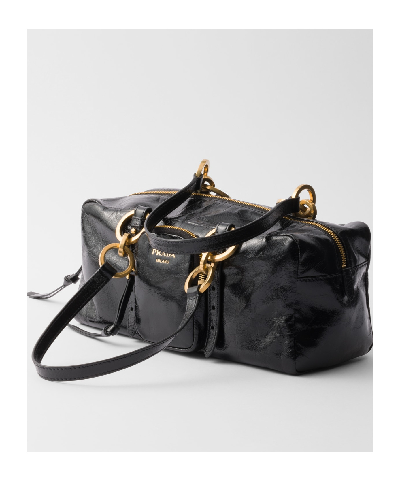 Prada Leather Handbag With Double Handles And Front Pocket In Black