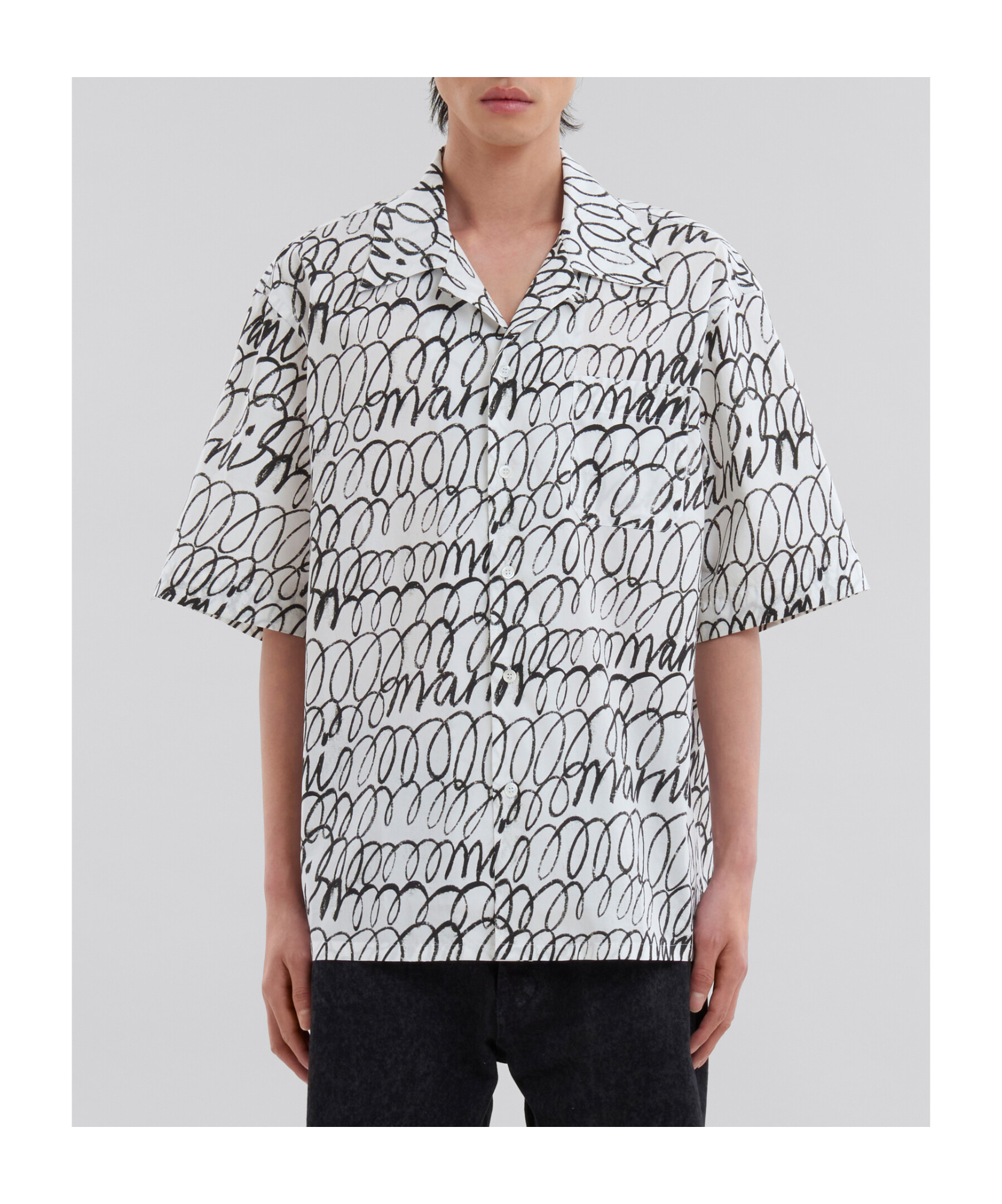 Shop Marni White Poplin Bowling Shirt With Scribble Motif