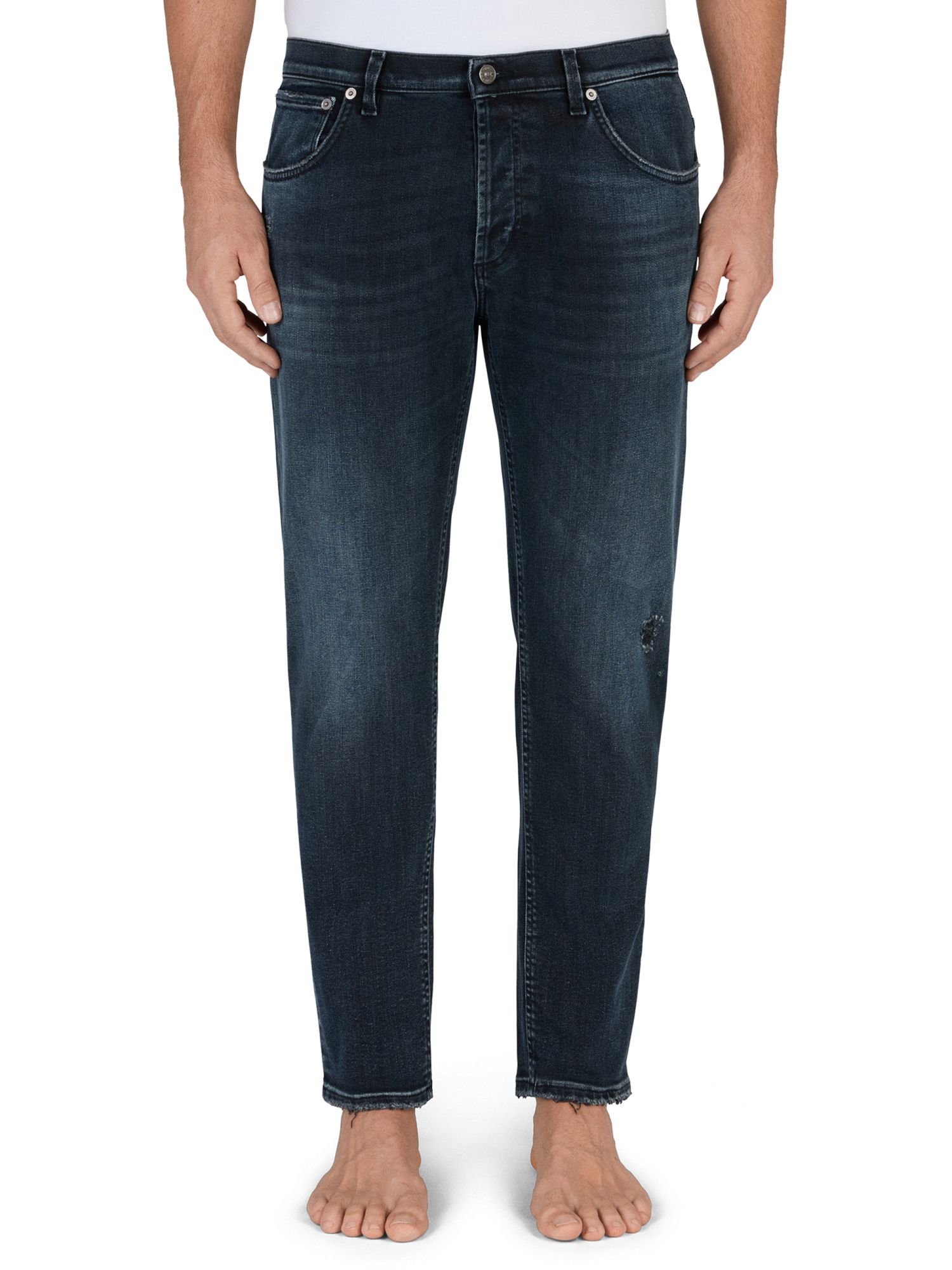Dondup Distressed Dark Denim Trousers With Raw Edge Finish In Blue