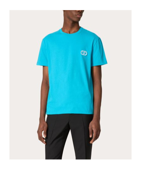 Valentino Garavani Light Blue T-shirt With Vlogo Patch In Valentino Garavani Light Blue T-shirt With Vlogo Patch In