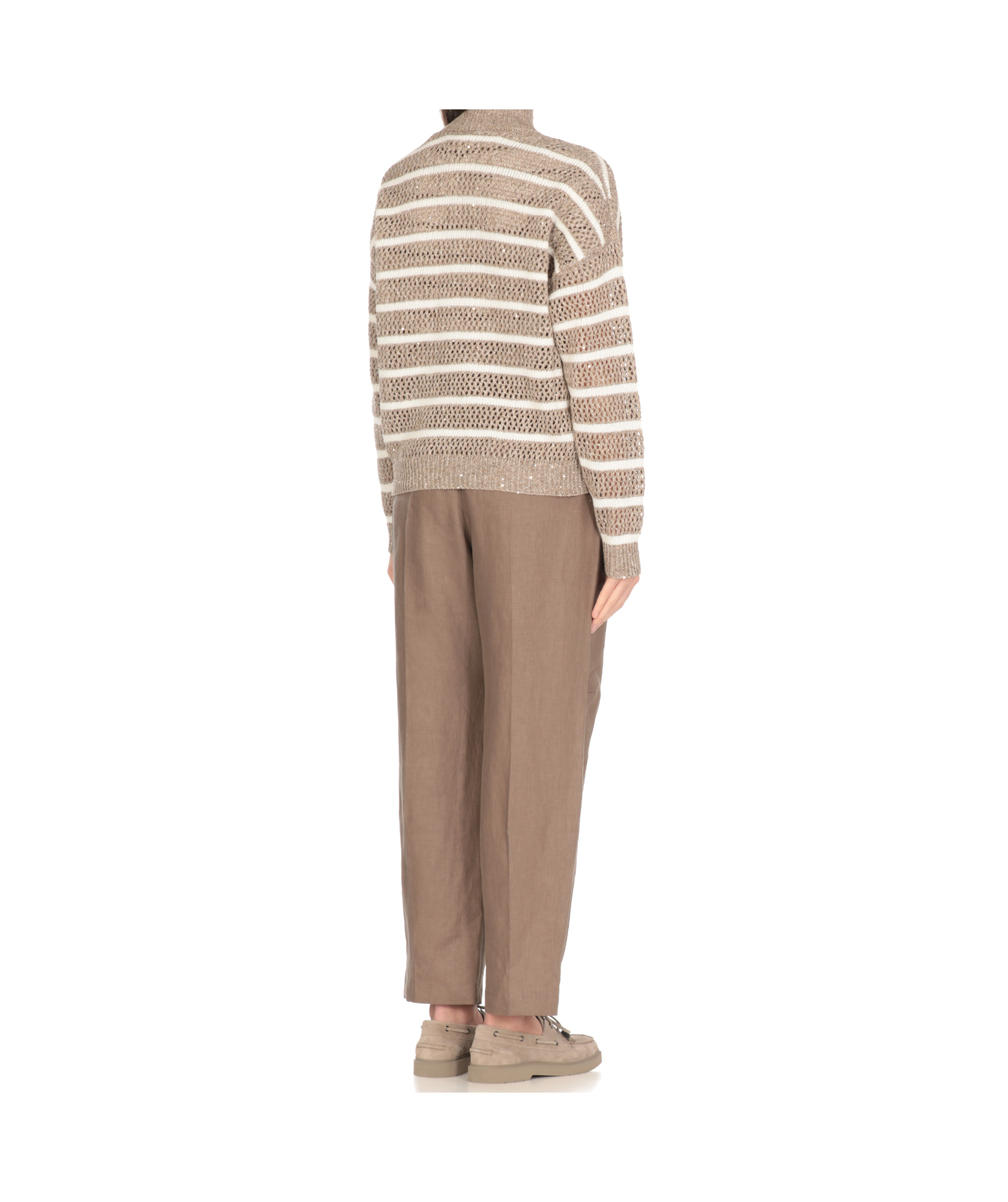 Brunello Cucinelli Beige Cardigan With High Neck And All-over Striped Motif In Linen Blend Woman In Nude