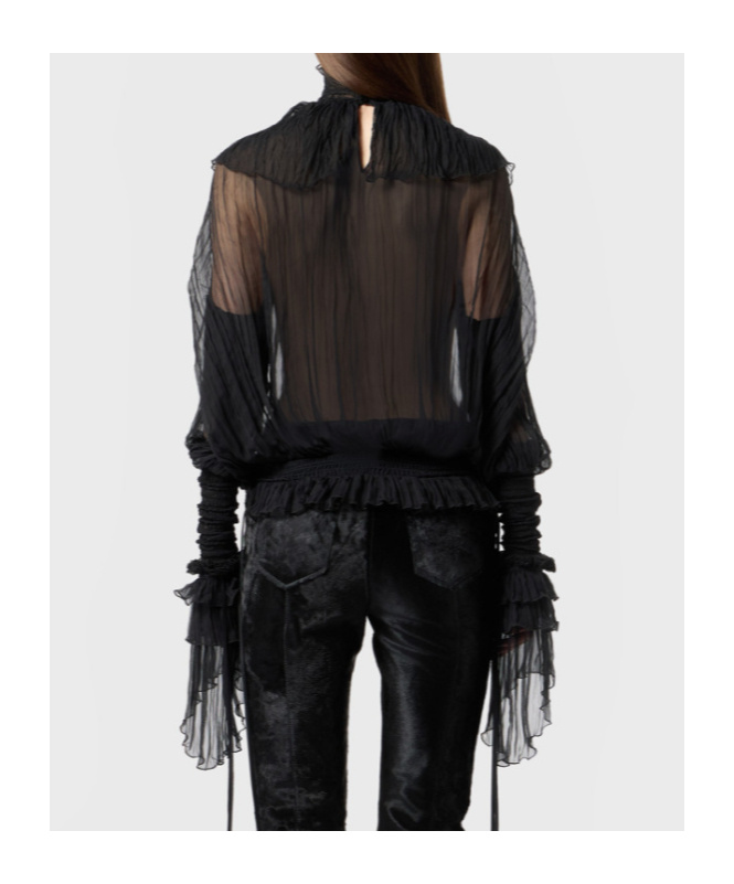Blumarine High-neck Pleated Fringed-detail Blouse In Black