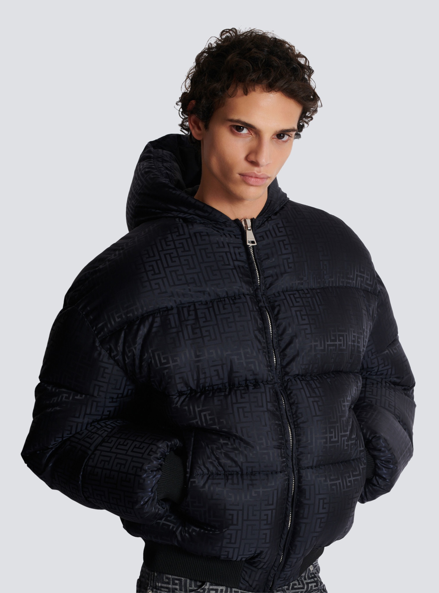 Balmain Pb Labyrinth Jacquard Nylon Puffer Jacket In Black
