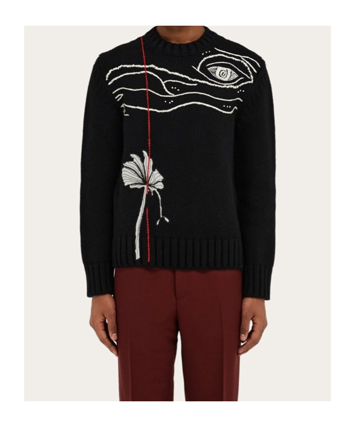 Ferragamo Embroidery Round-neck Sweater In Black