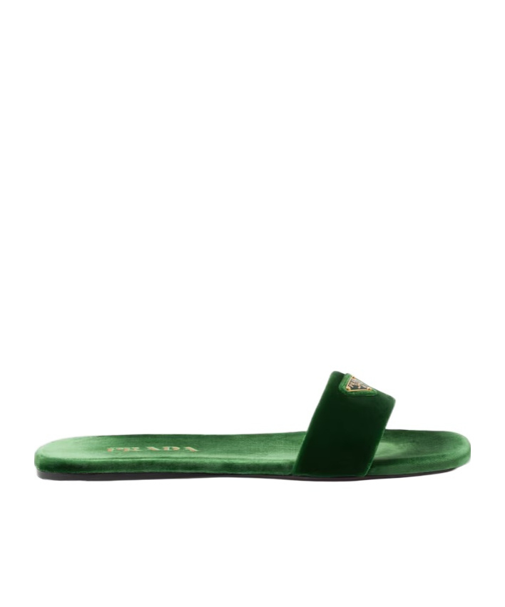 Prada Triangle-logo Velvet Slides In Green